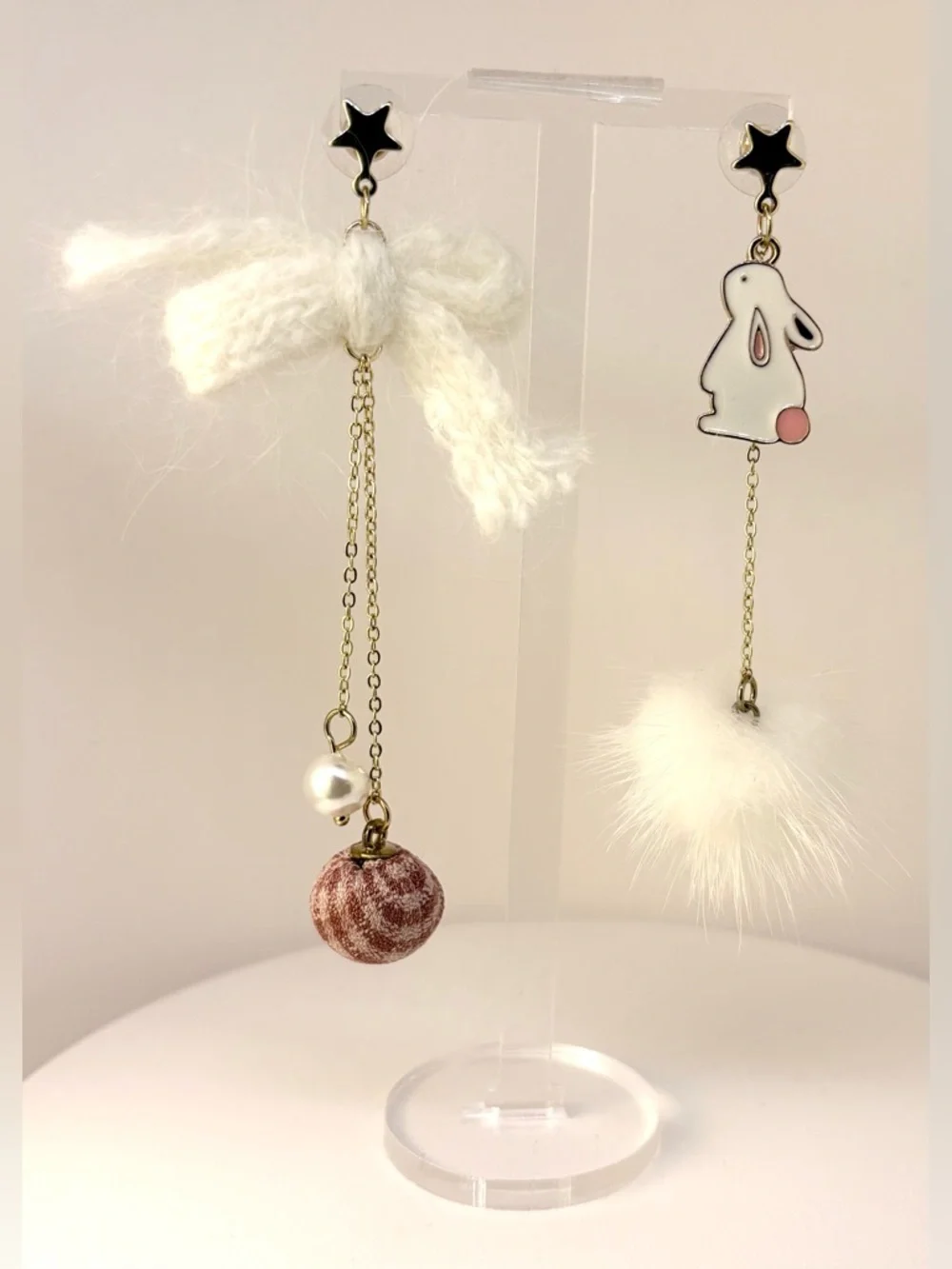 White Bunny & Pom-Pom Asymmetric Drop Earrings